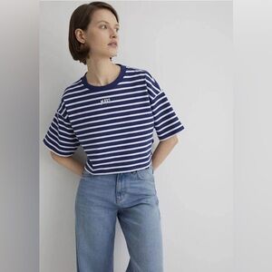 🛍️SALE🛍️ Mavi Logo Printed Striped Navy Blue Crop T-shirt Crop / Short Sleeves